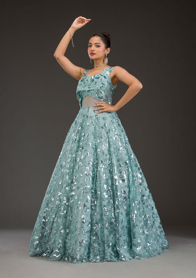 Sea Green Sequins Net Gown-Koskii