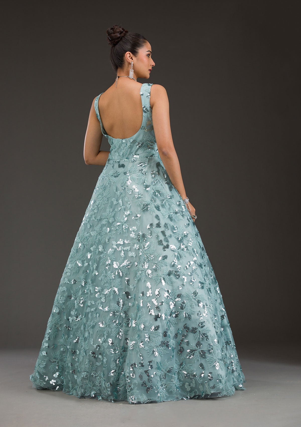 Sea Green Sequins Net Gown-Koskii