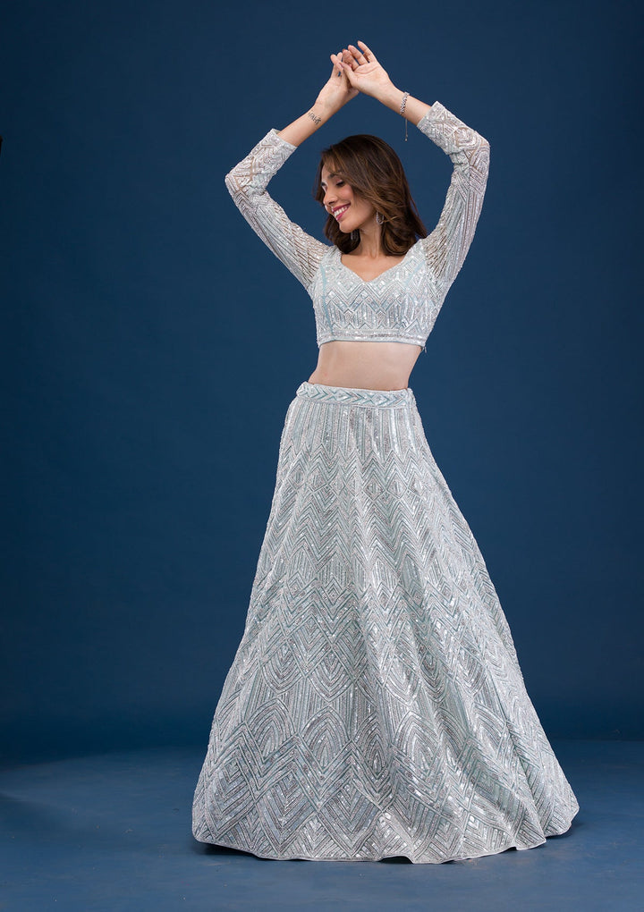 Sea Green Sequins Net Readymade Lehenga-Koskii