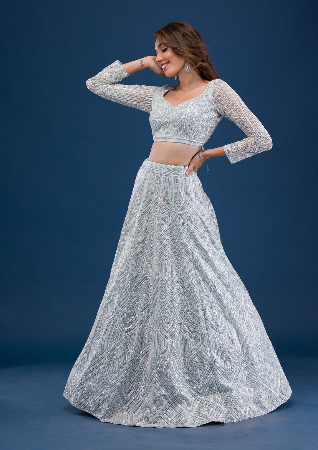 Sea Green Sequins Net Readymade Lehenga-Koskii