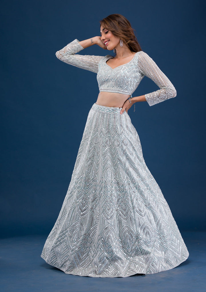 Sea Green Sequins Net Readymade Lehenga-Koskii