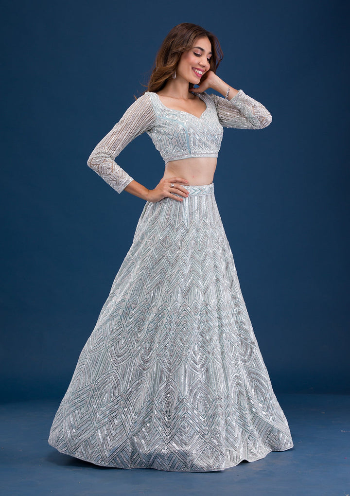 Sea Green Sequins Net Readymade Lehenga-Koskii