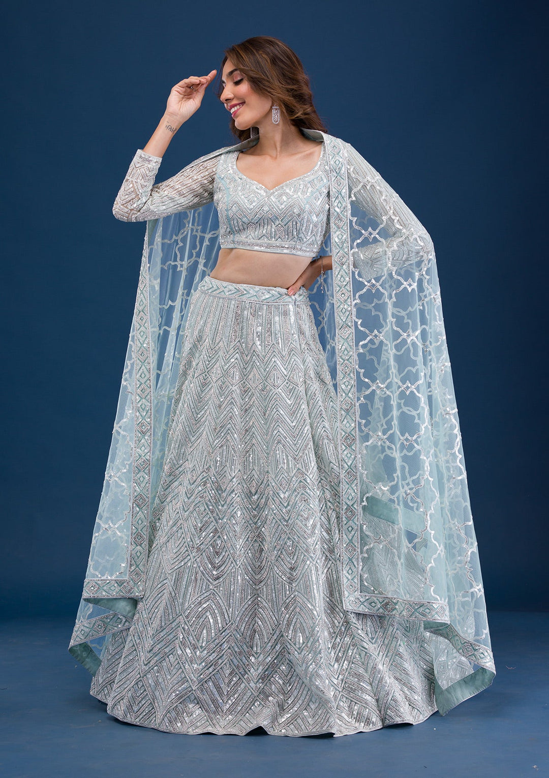 Sea Green Sequins Net Readymade Lehenga-Koskii