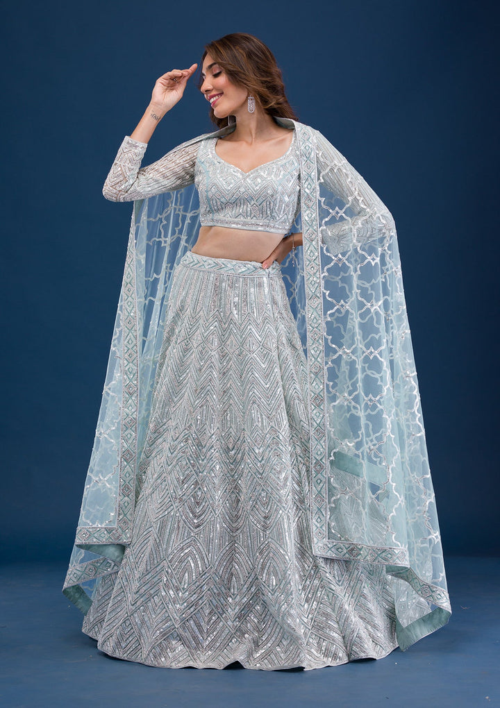 Sea Green Sequins Net Readymade Lehenga-Koskii