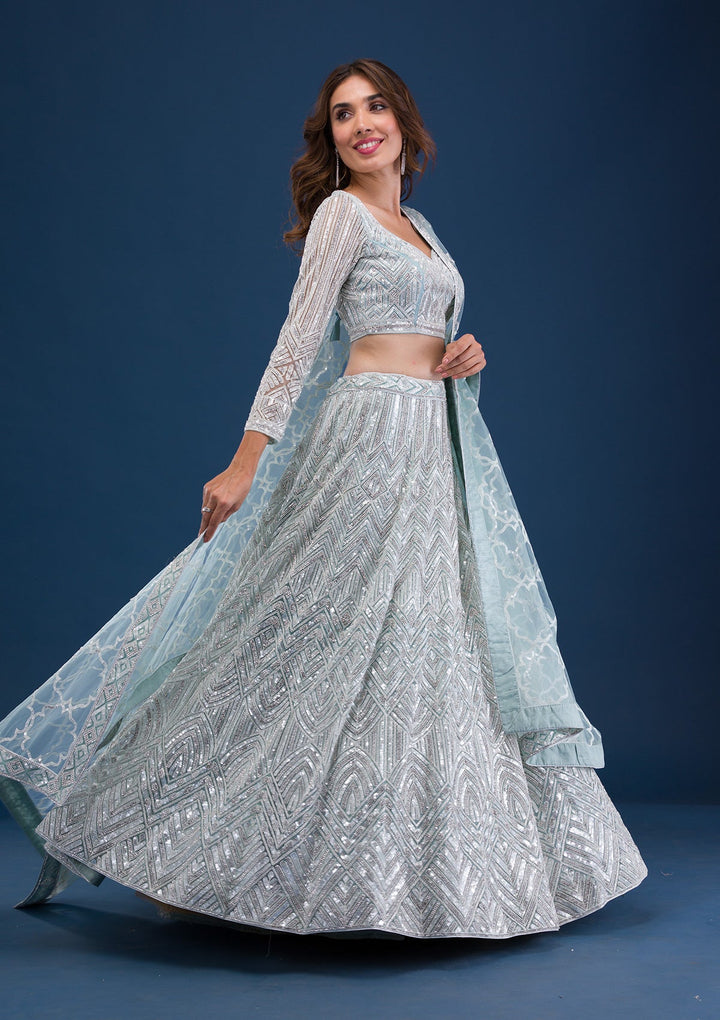 Sea Green Sequins Net Readymade Lehenga-Koskii