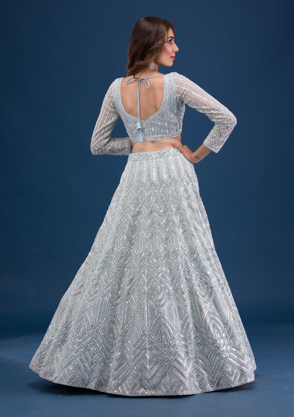 Sea Green Sequins Net Readymade Lehenga-Koskii