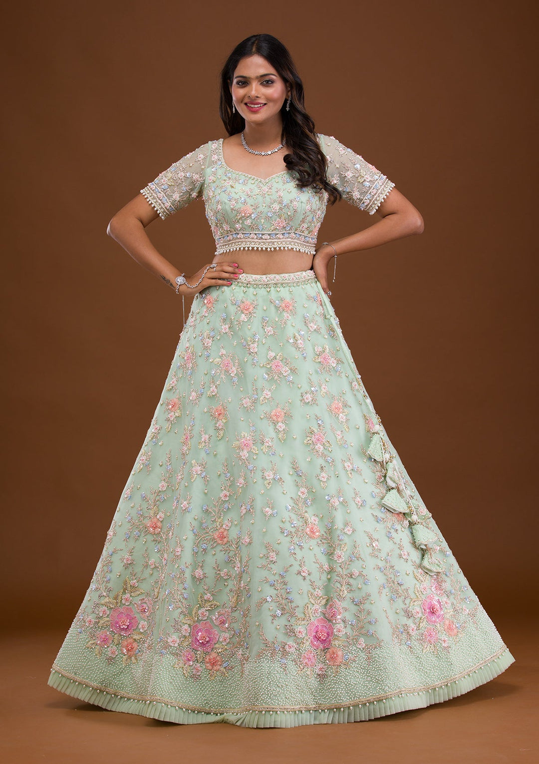 Sea Green Sequins Net Readymade Lehenga-Koskii