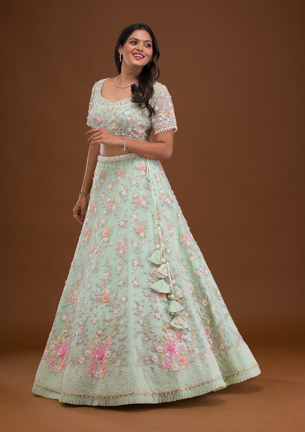 Sea Green Sequins Net Readymade Lehenga-Koskii