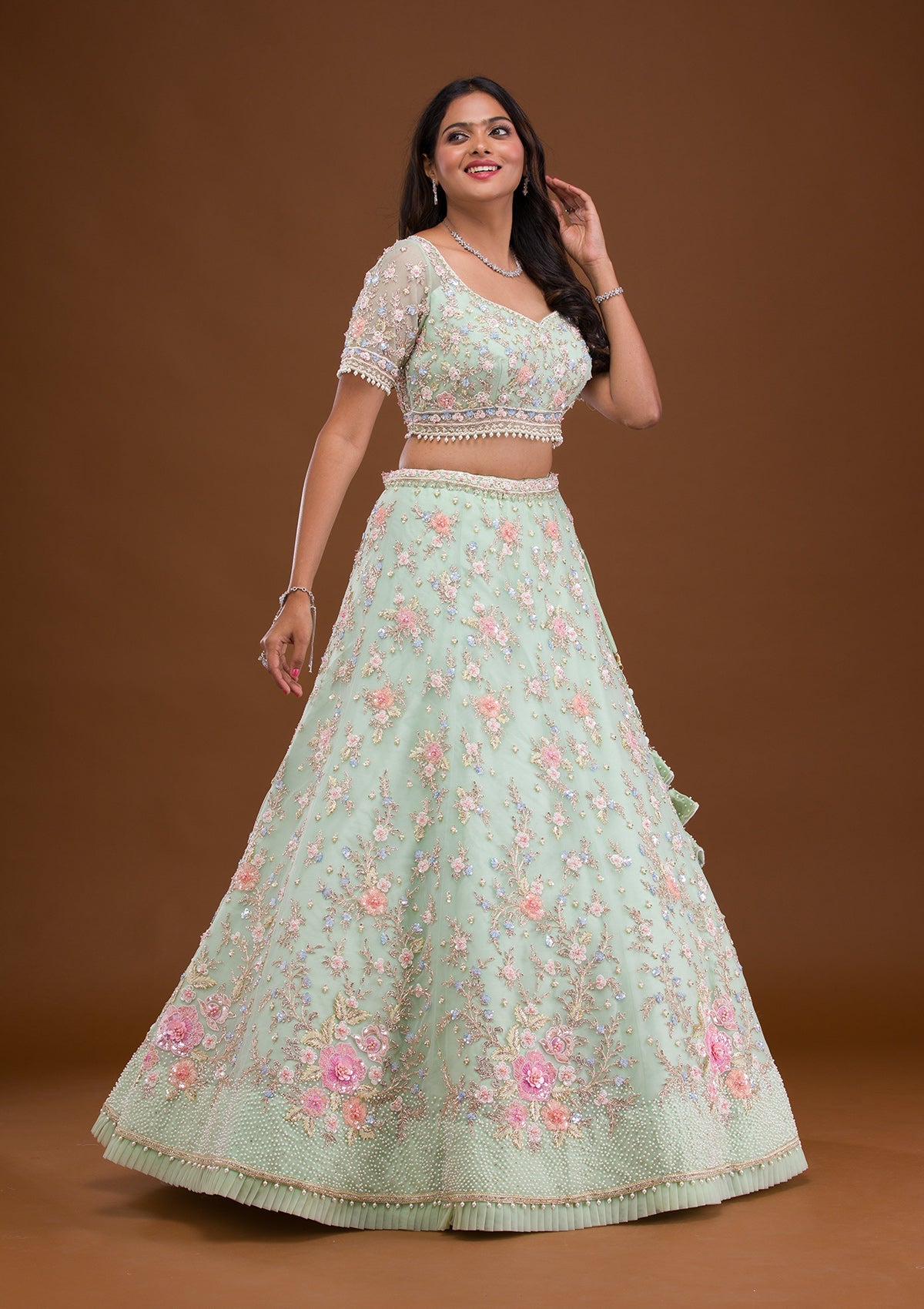 Sea Green Sequins Net Readymade Lehenga-Koskii