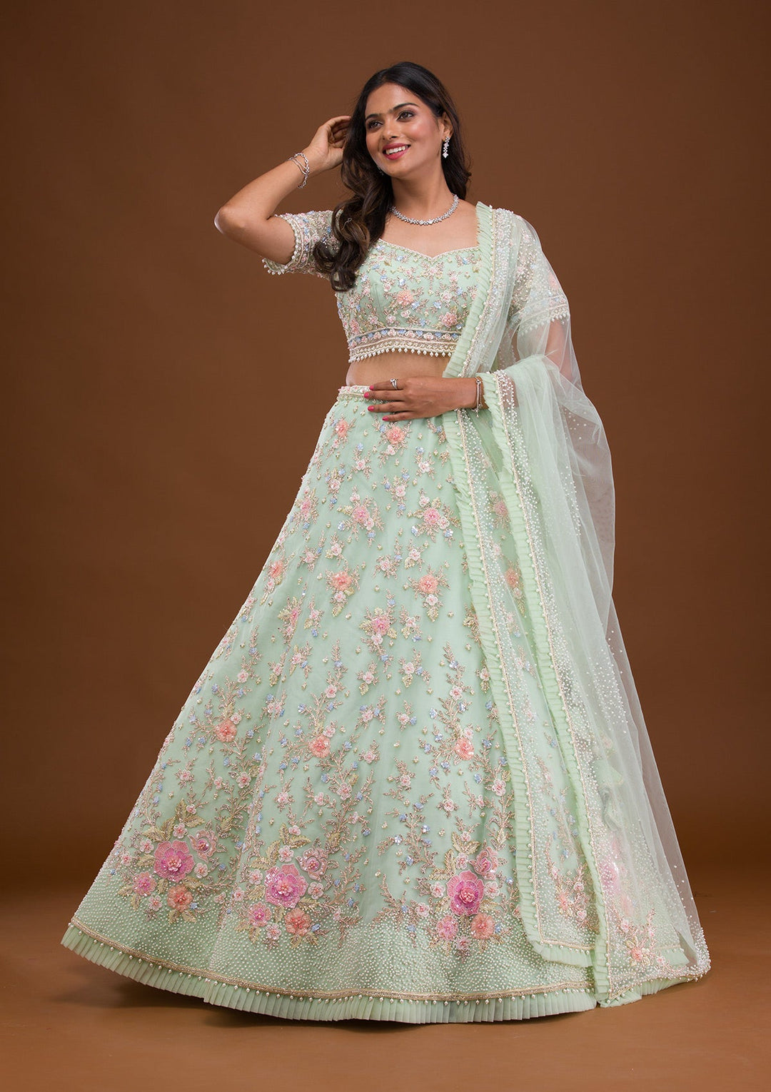 Sea Green Sequins Net Readymade Lehenga-Koskii