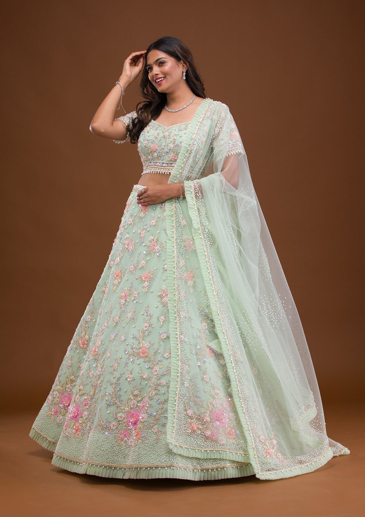 Sea Green Sequins Net Readymade Lehenga-Koskii