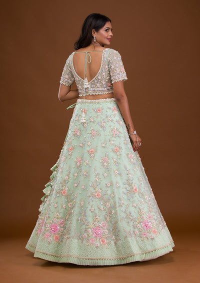 Sea Green Sequins Net Readymade Lehenga-Koskii