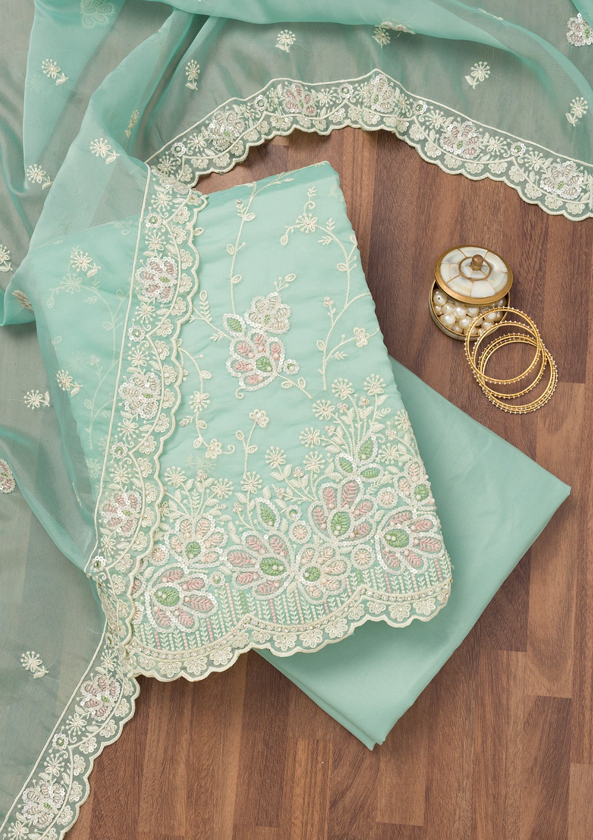 Sea Green Sequins Organza Unstitched Salwar Suit-Koskii