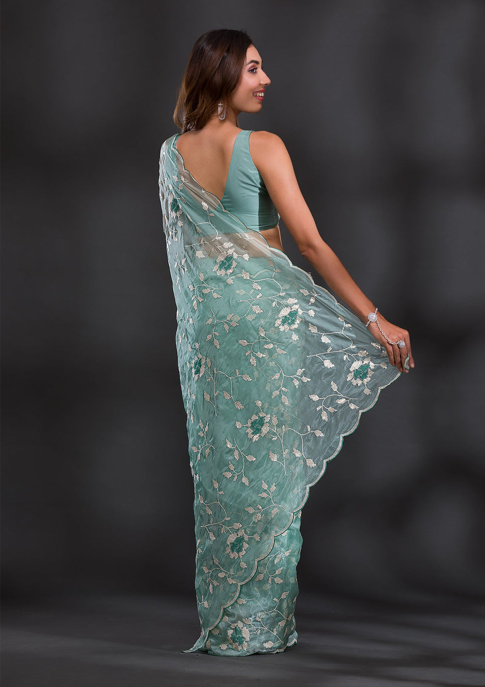 Sea Green Sequins Tissue Saree-Koskii