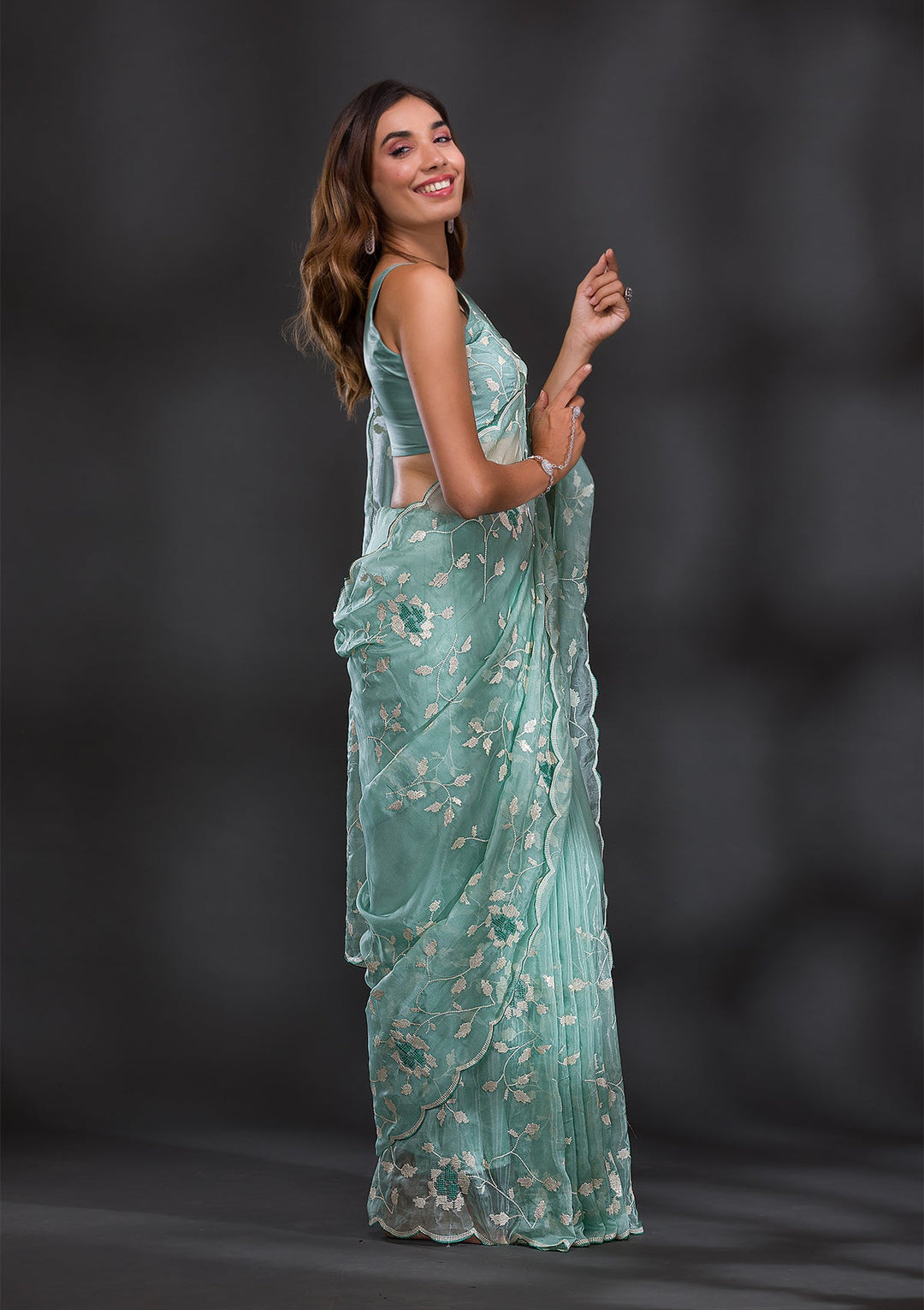 Sea Green Sequins Tissue Saree-Koskii