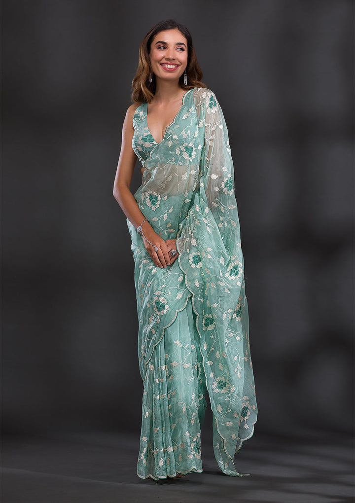 Sea Green Sequins Tissue Saree-Koskii