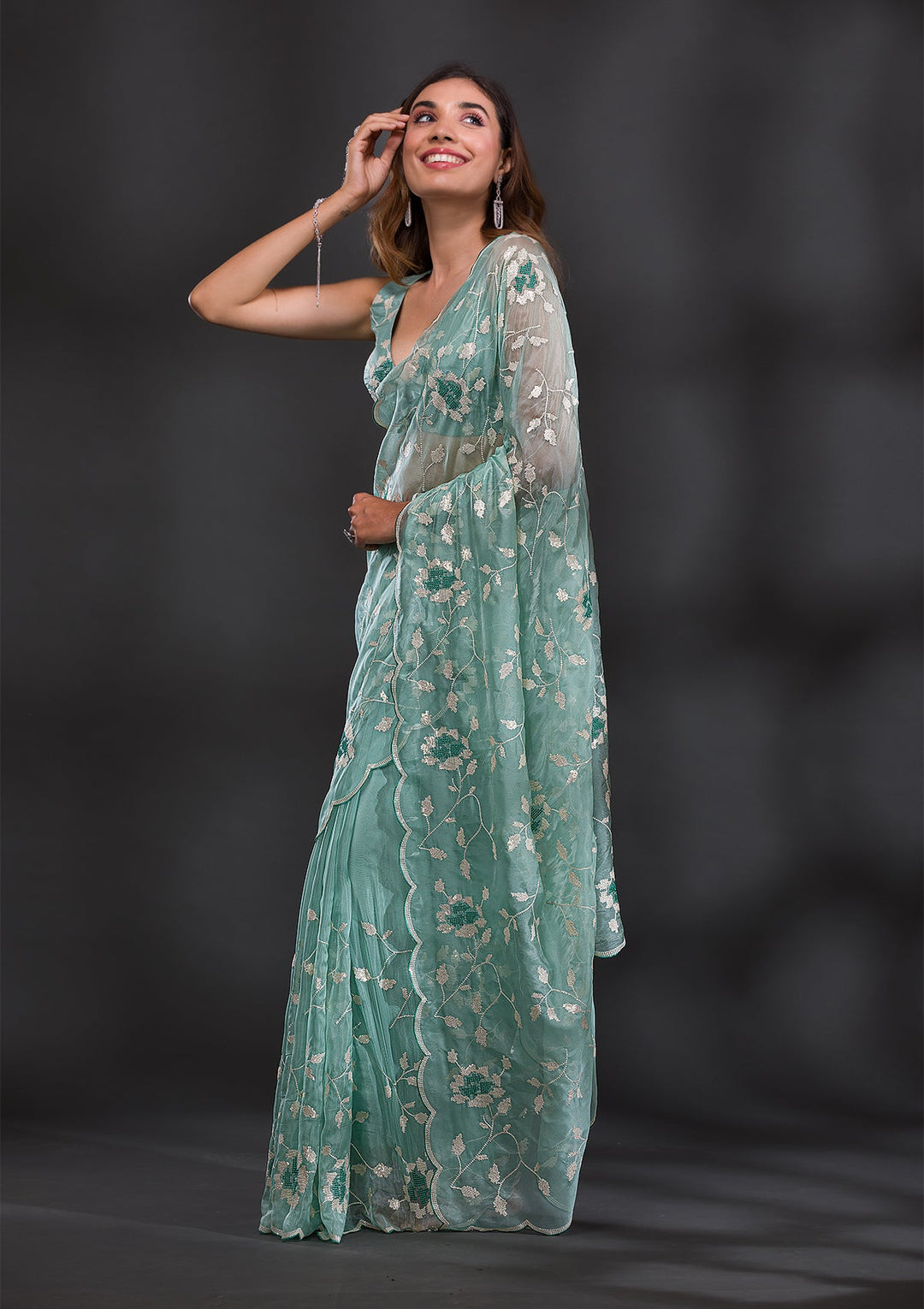 Sea Green Sequins Tissue Saree-Koskii