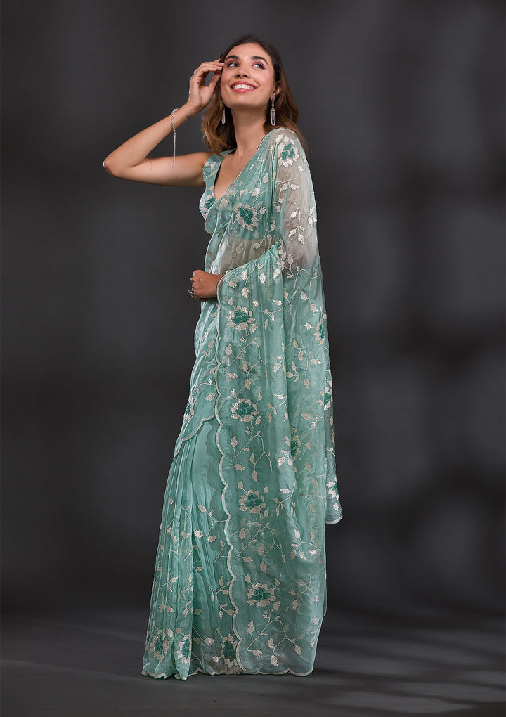 Sea Green Sequins Tissue Saree-Koskii