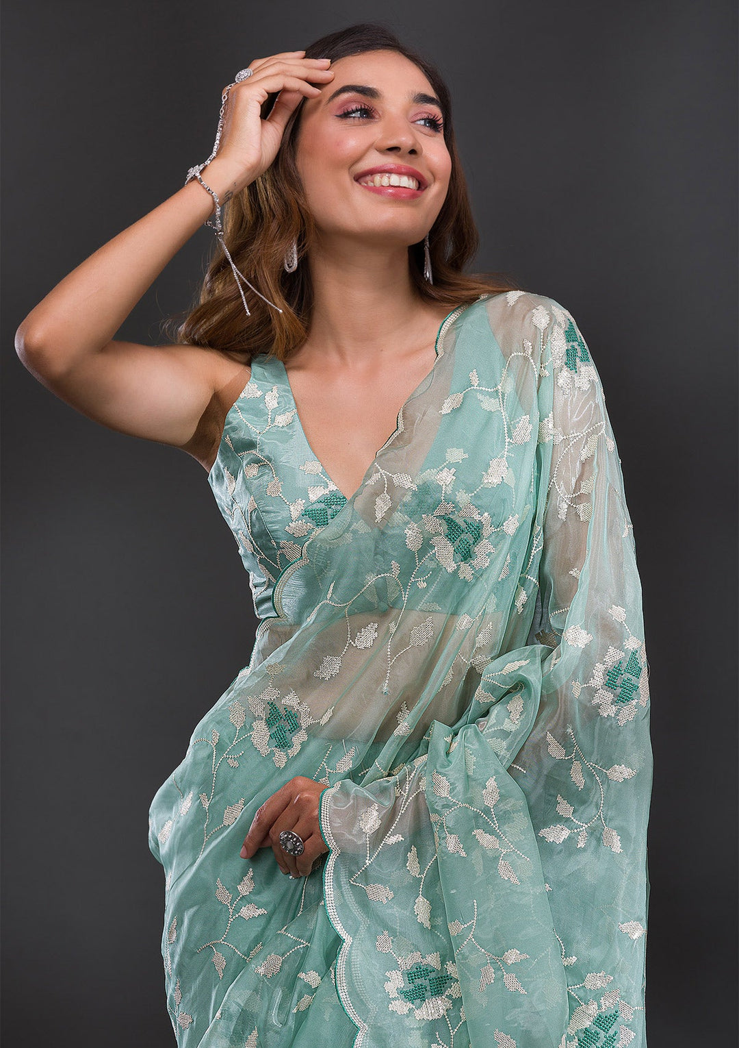 Sea Green Sequins Tissue Saree-Koskii