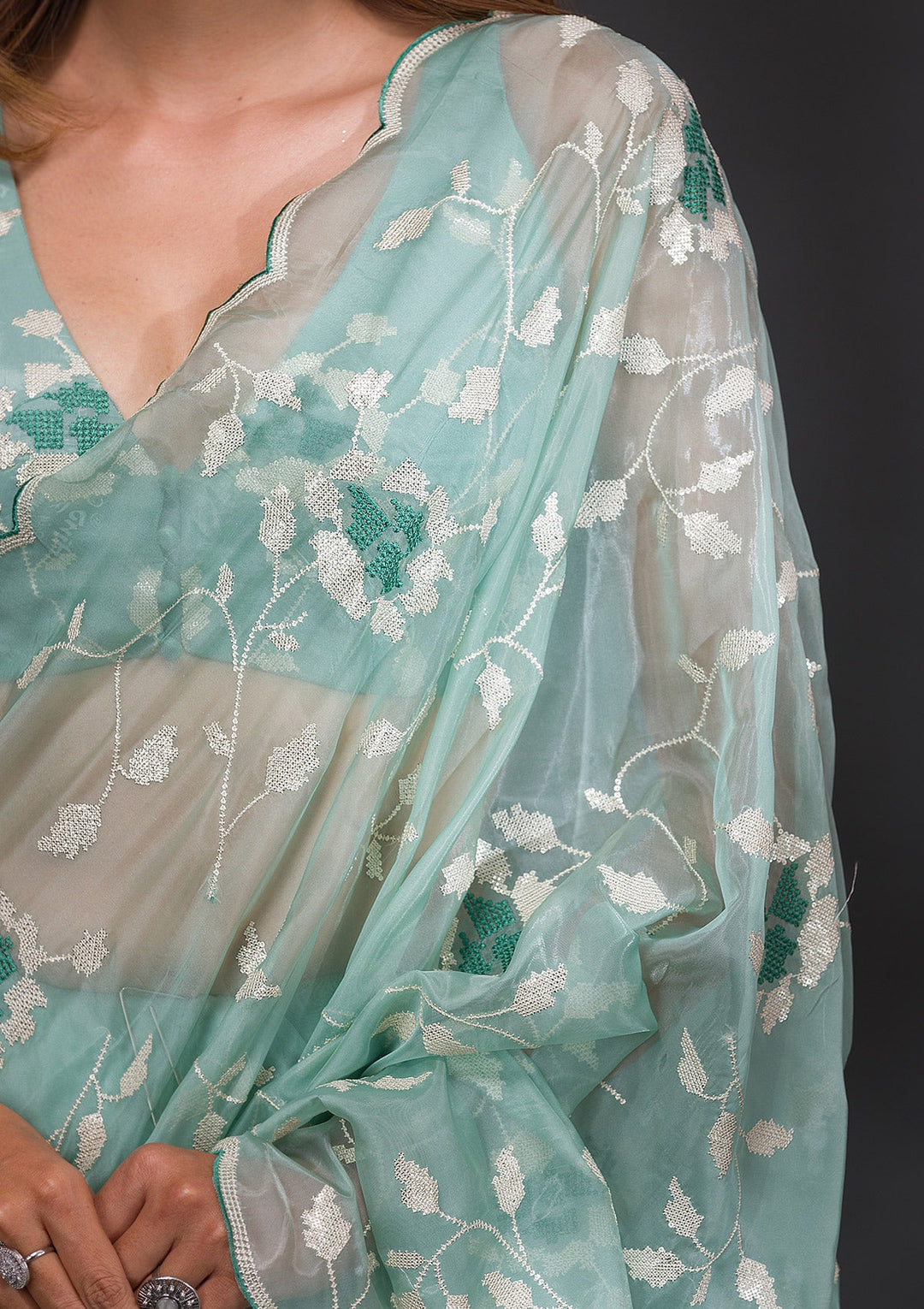 Sea Green Sequins Tissue Saree-Koskii