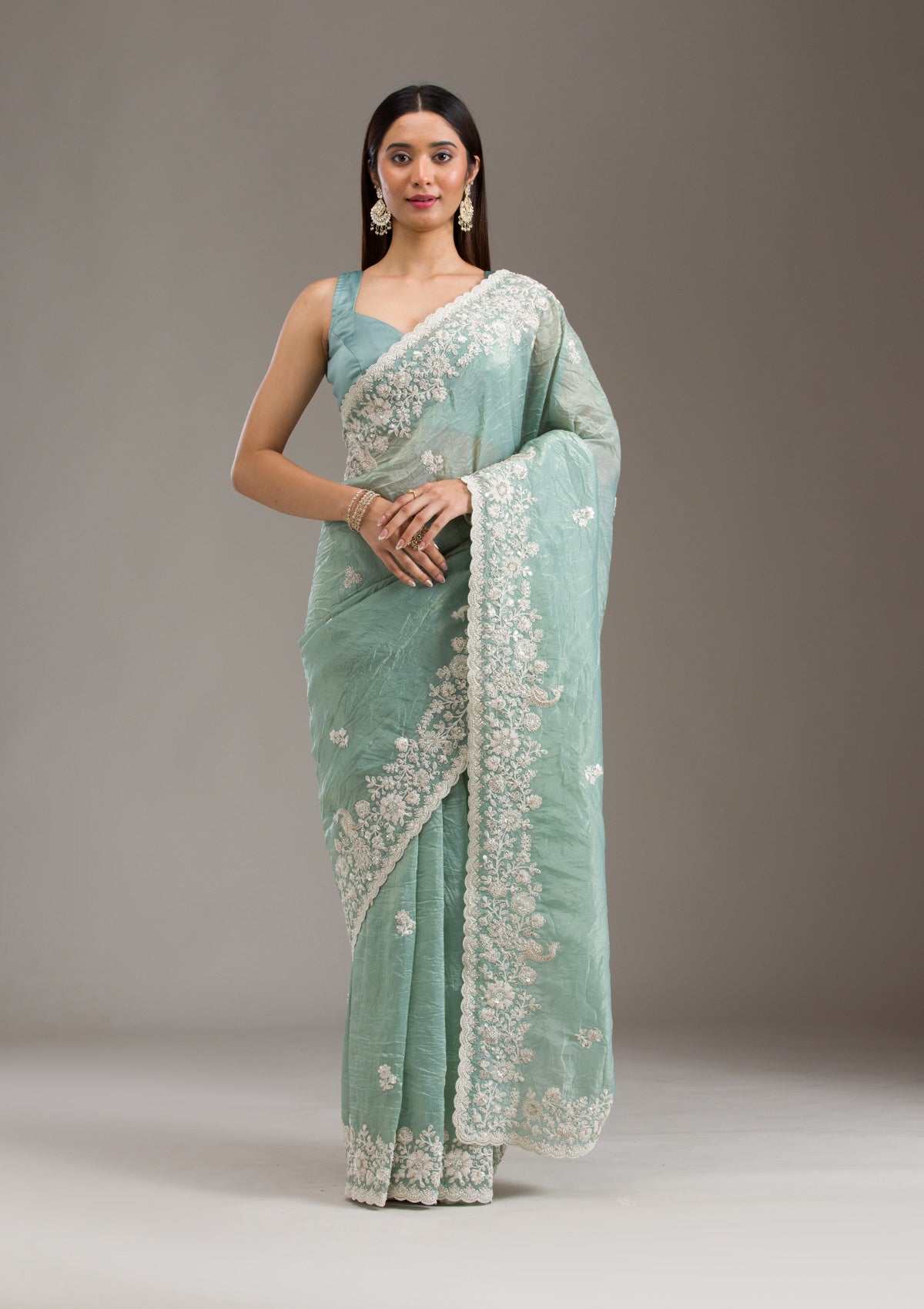 Sea Green Sequins Tissue Saree-Koskii