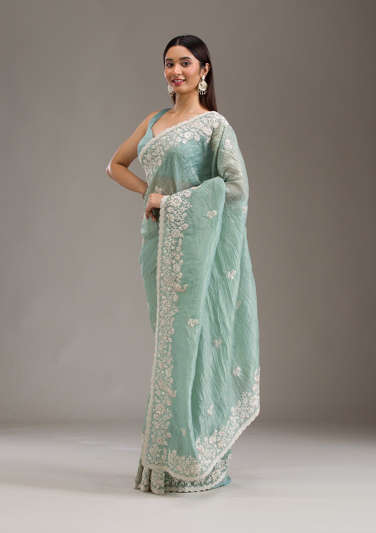 Sea Green Sequins Tissue Saree-Koskii