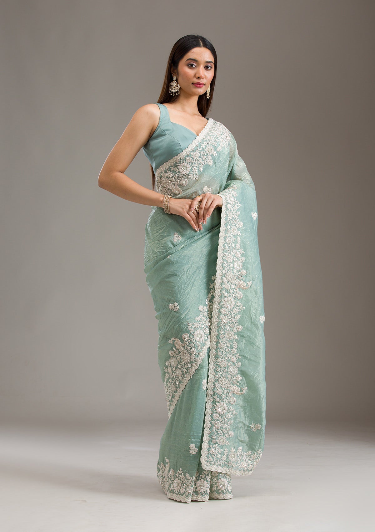 Sea Green Sequins Tissue Saree-Koskii