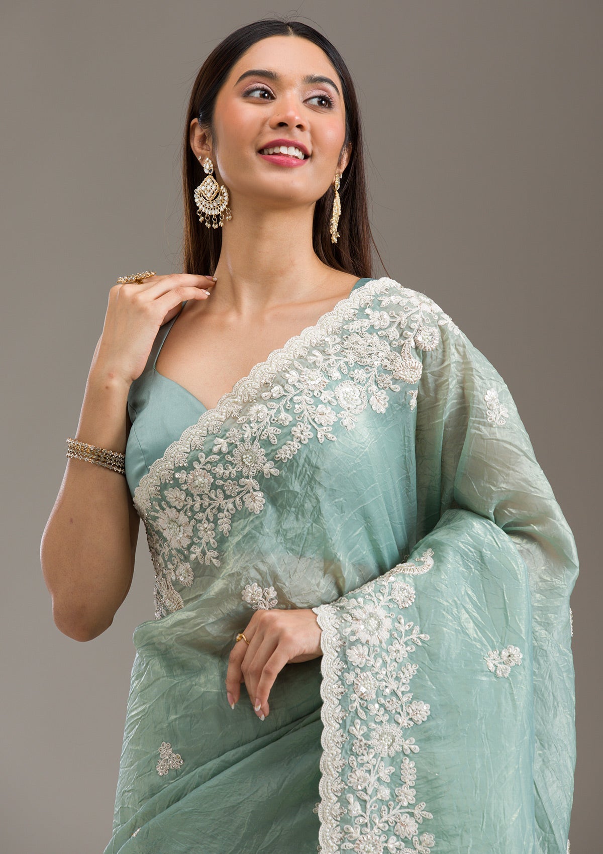 Sea Green Sequins Tissue Saree-Koskii