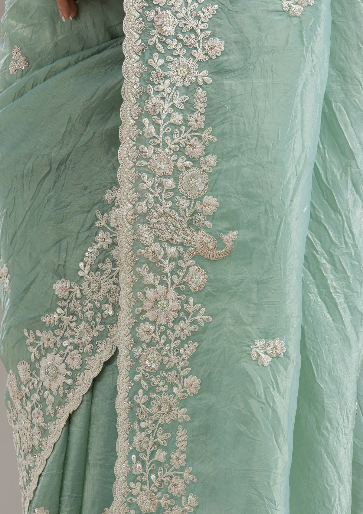 Sea Green Sequins Tissue Saree-Koskii