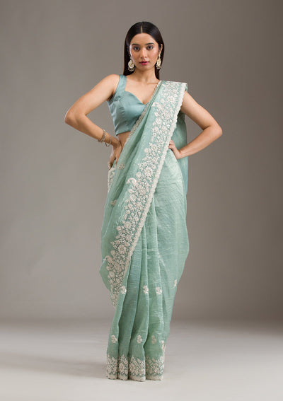 Sea Green Sequins Tissue Saree-Koskii