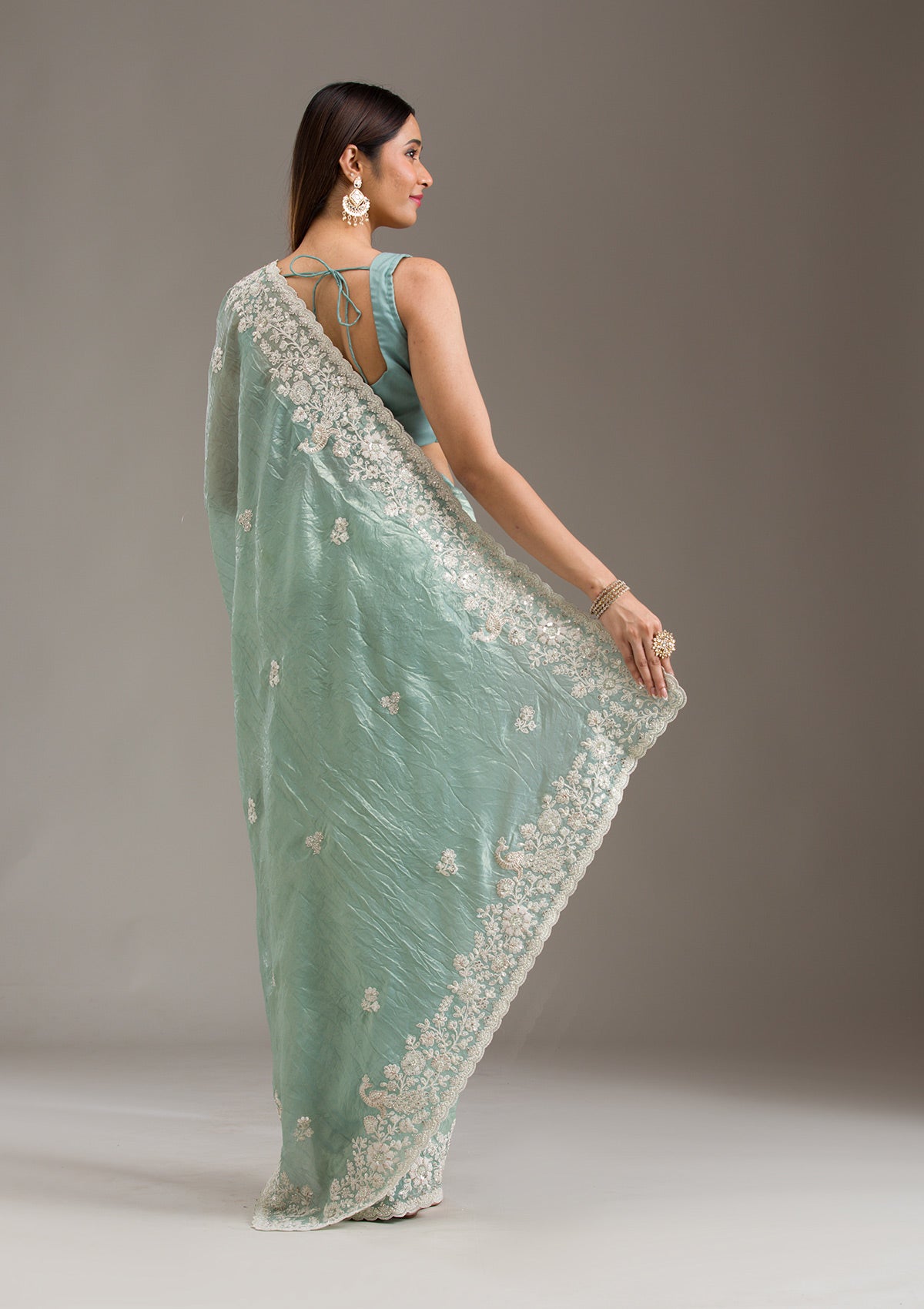 Sea Green Sequins Tissue Saree-Koskii