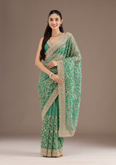 Sea Green Sequins Tissue Saree-Koskii