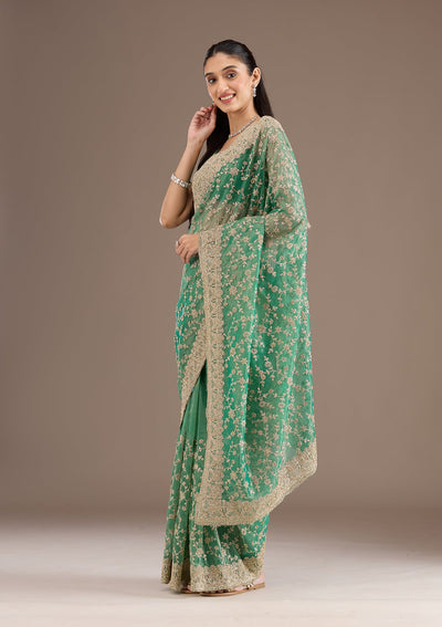 Sea Green Sequins Tissue Saree-Koskii