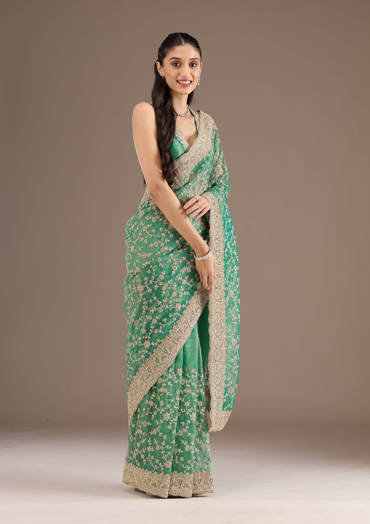 Sea Green Sequins Tissue Saree-Koskii