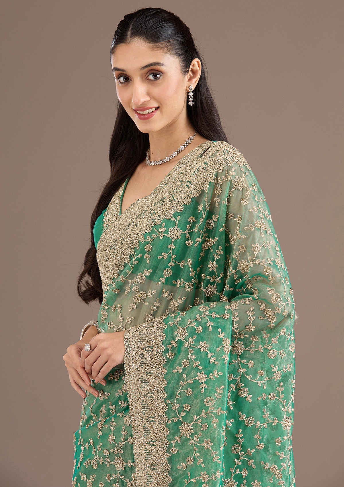 Sea Green Sequins Tissue Saree-Koskii