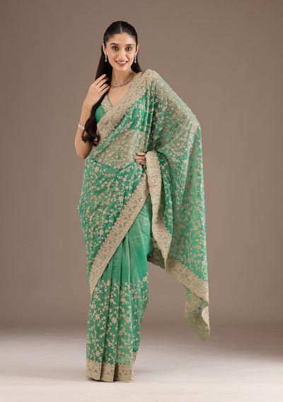 Sea Green Sequins Tissue Saree-Koskii