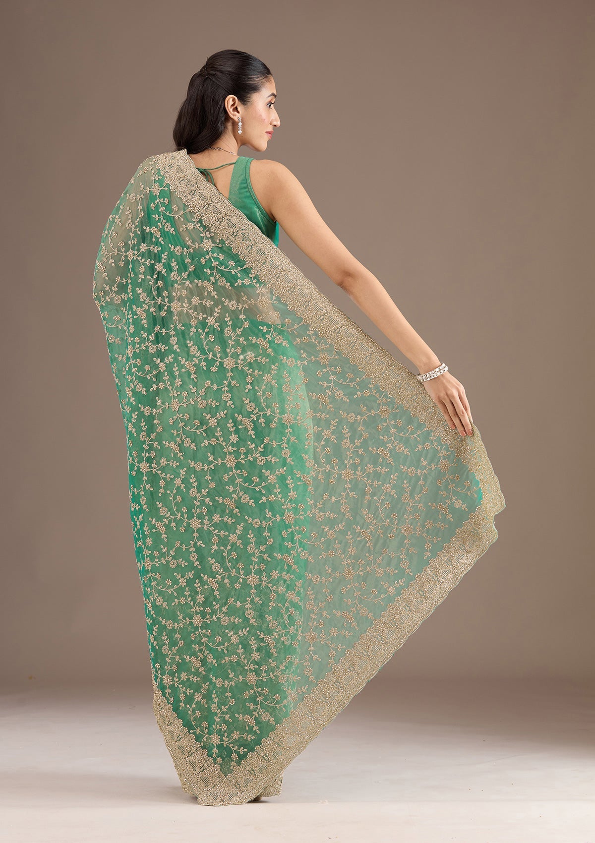 Sea Green Sequins Tissue Saree-Koskii