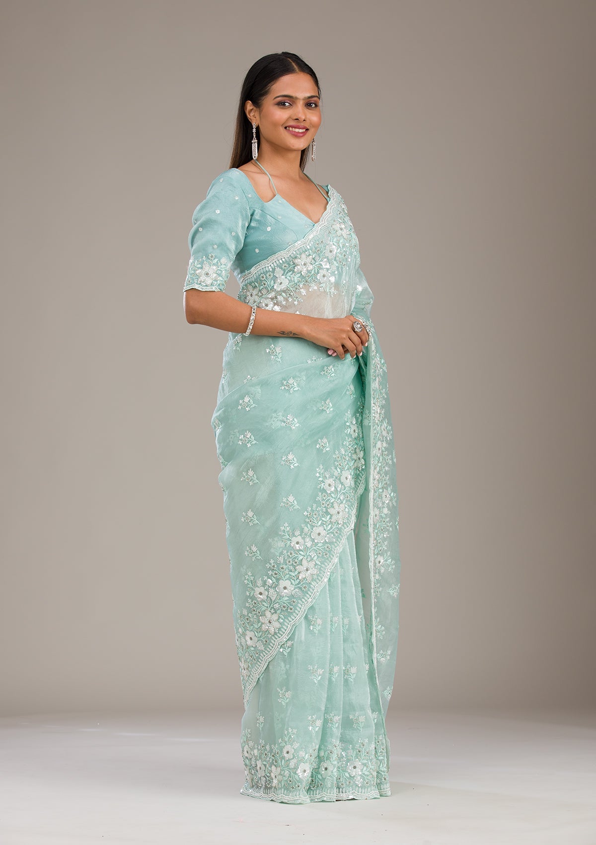 Sea Green Sequins Tissue Saree-Koskii