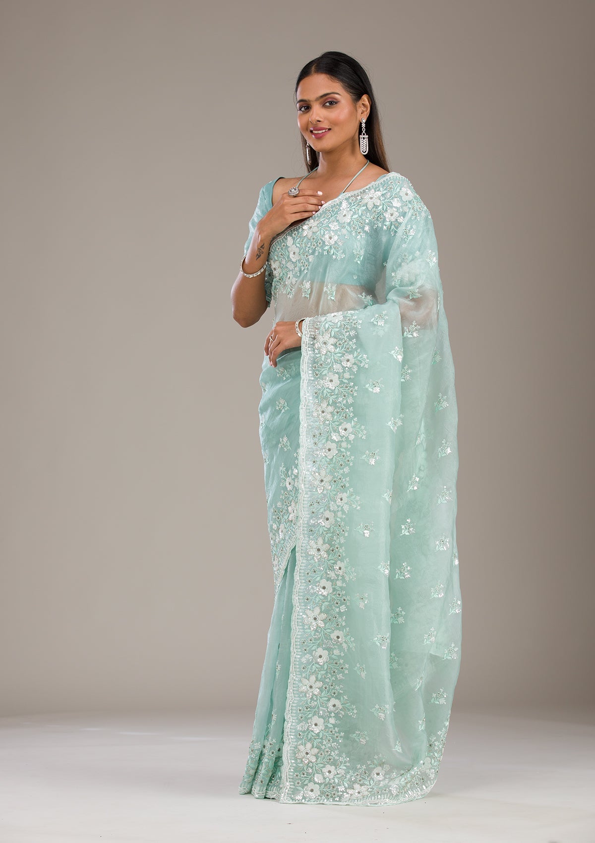 Sea Green Sequins Tissue Saree-Koskii