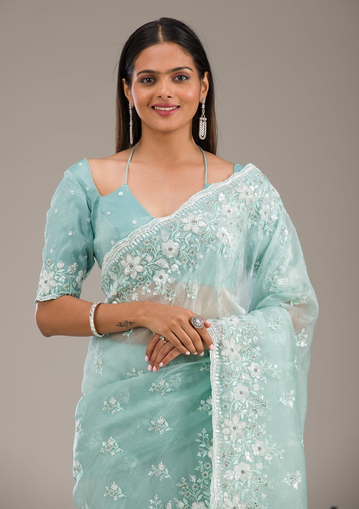 Sea Green Sequins Tissue Saree-Koskii