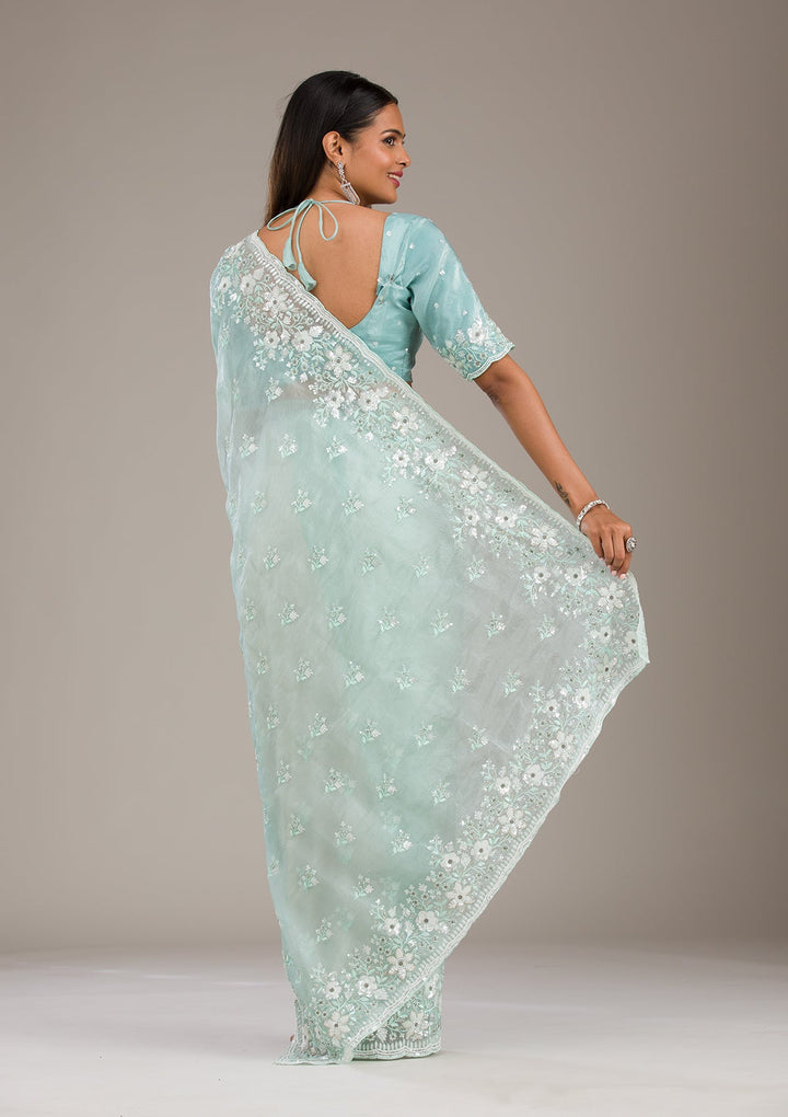 Sea Green Sequins Tissue Saree-Koskii