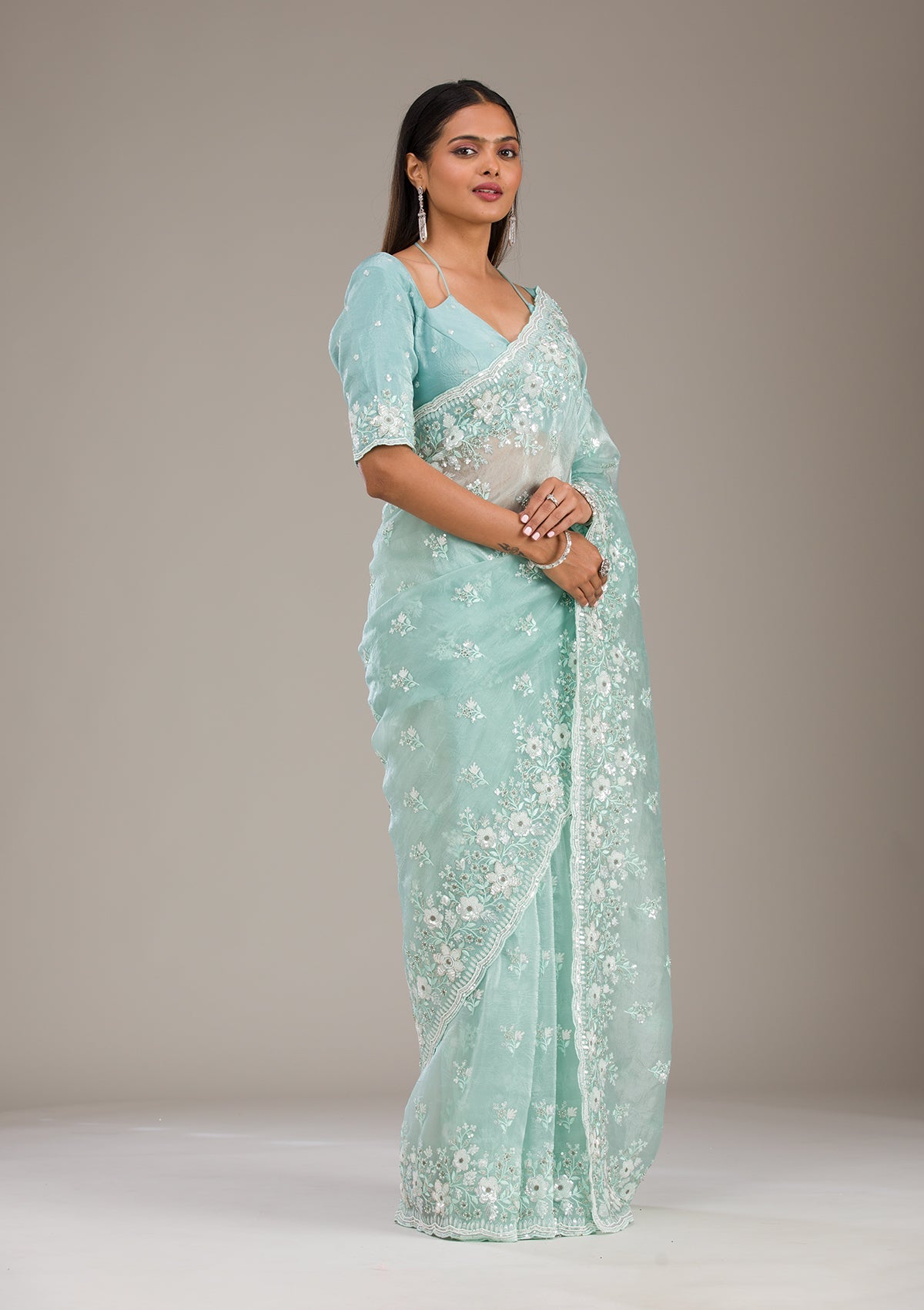 Sea Green Sequins Tissue Saree-Koskii