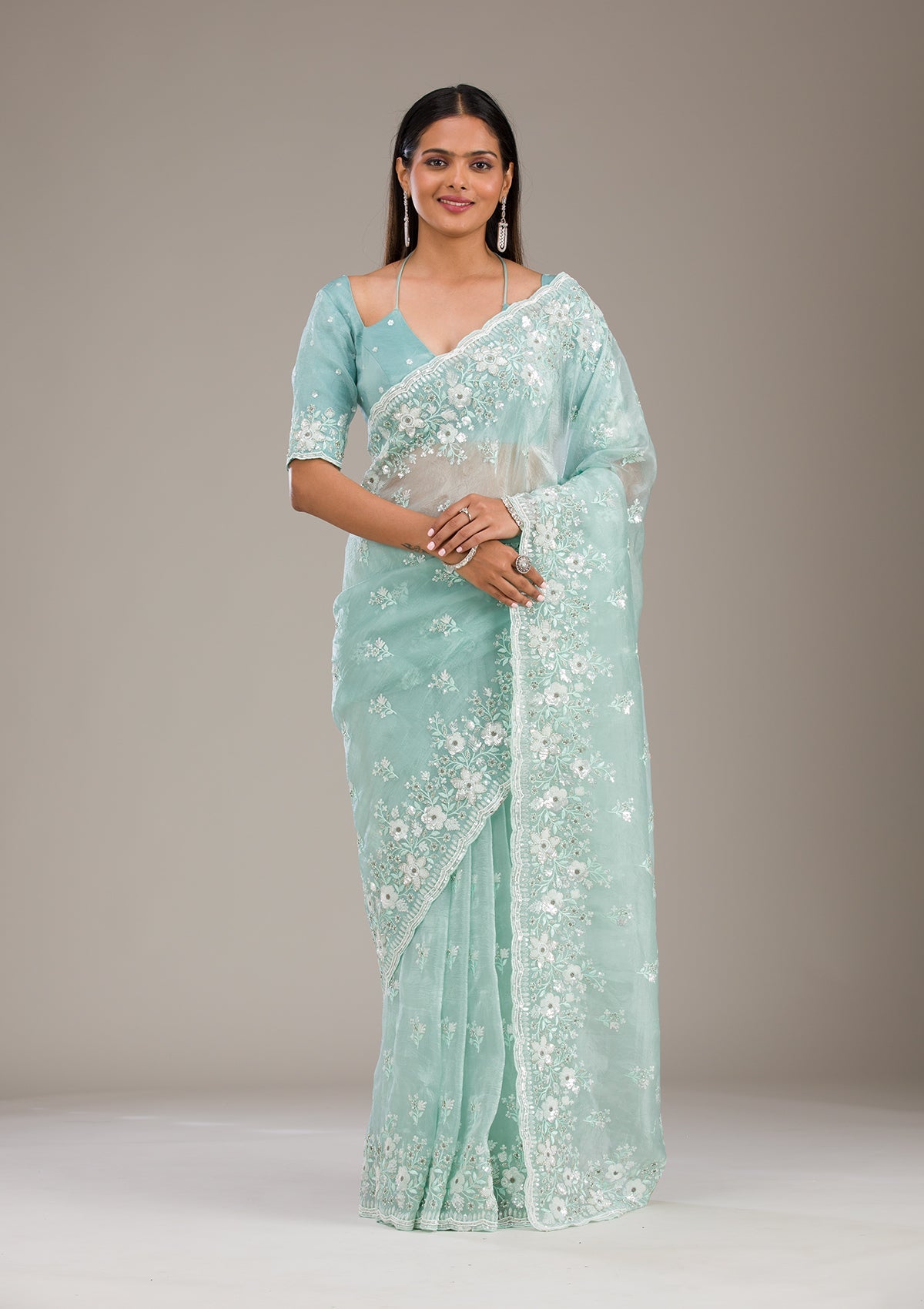 Sea Green Sequins Tissue Saree-Koskii