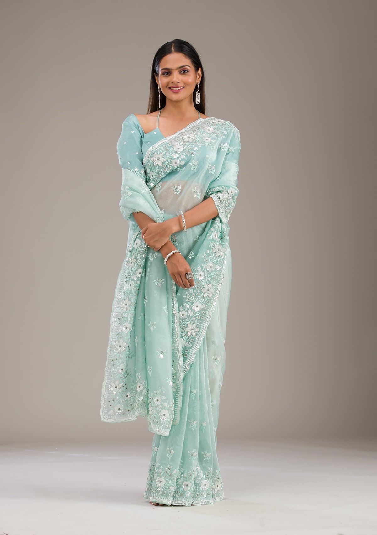 Sea Green Sequins Tissue Saree-Koskii