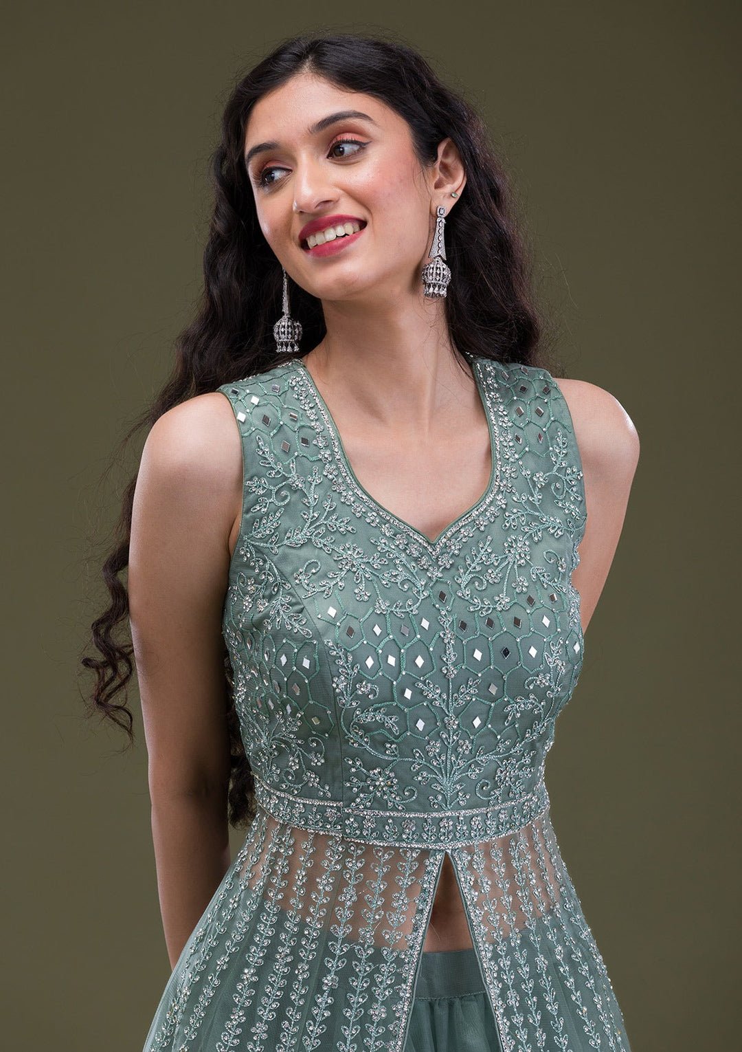Sea Green Silver Stonework Net Readymade Salwar Suit-Koskii