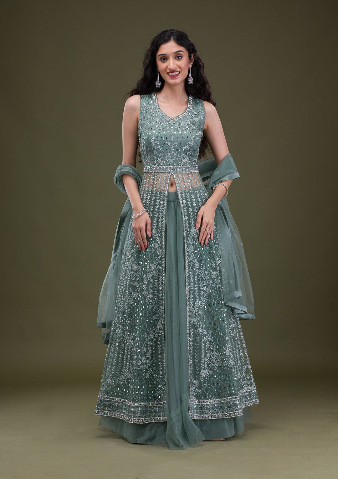Sea Green Silver Stonework Net Readymade Salwar Suit-Koskii