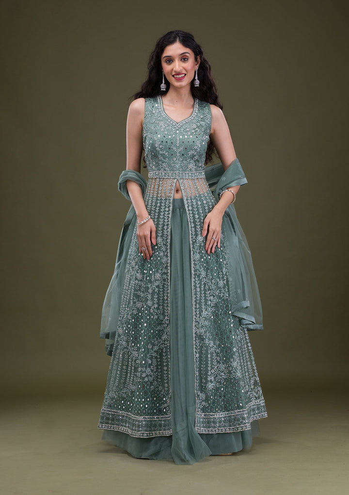 Sea Green Silver Stonework Net Readymade Salwar Suit-Koskii