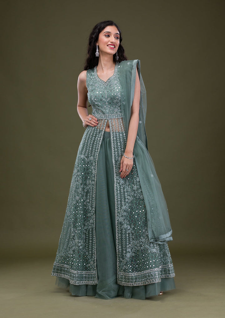 Sea Green Silver Stonework Net Readymade Salwar Suit-Koskii