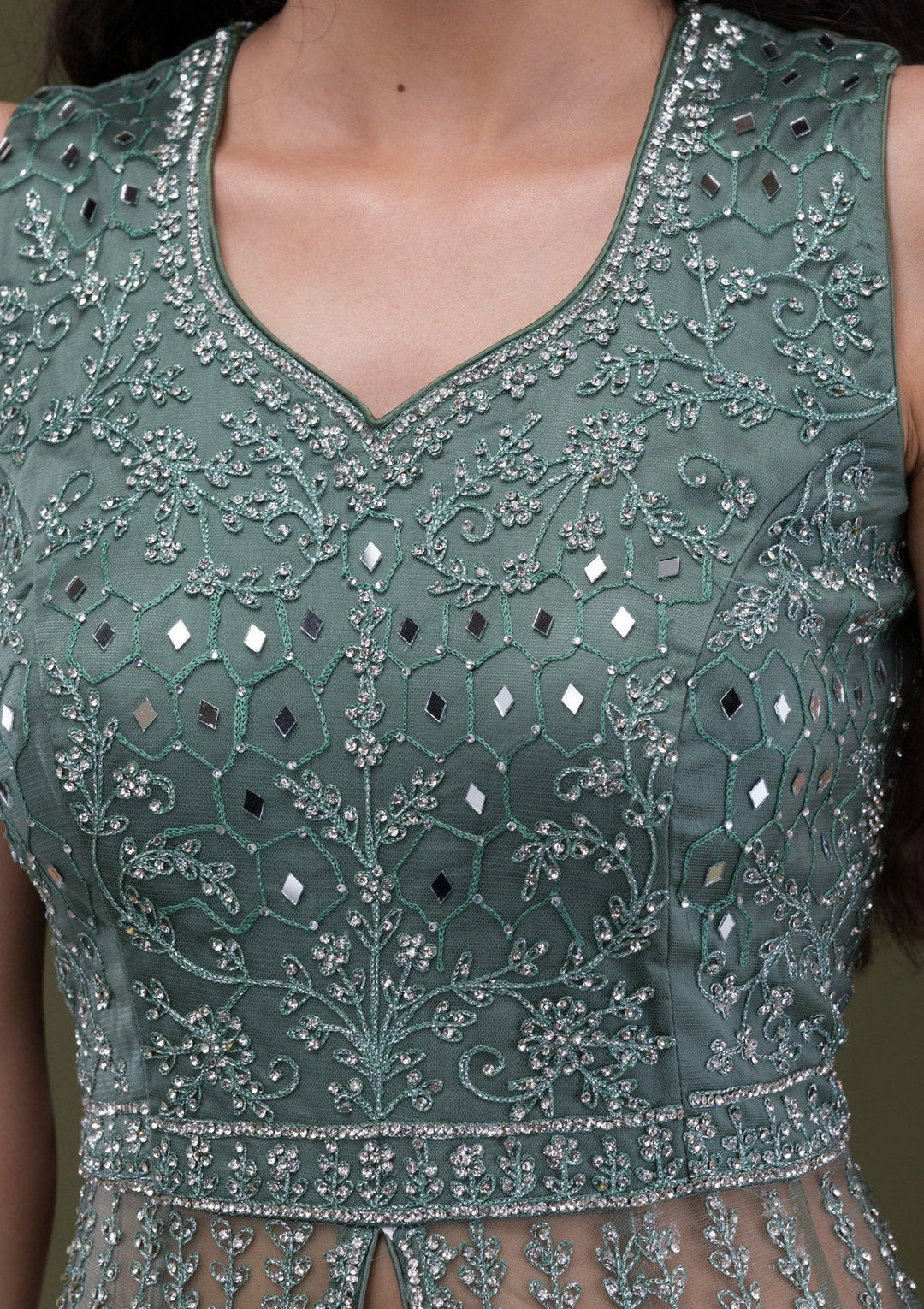 Sea Green Silver Stonework Net Readymade Salwar Suit-Koskii