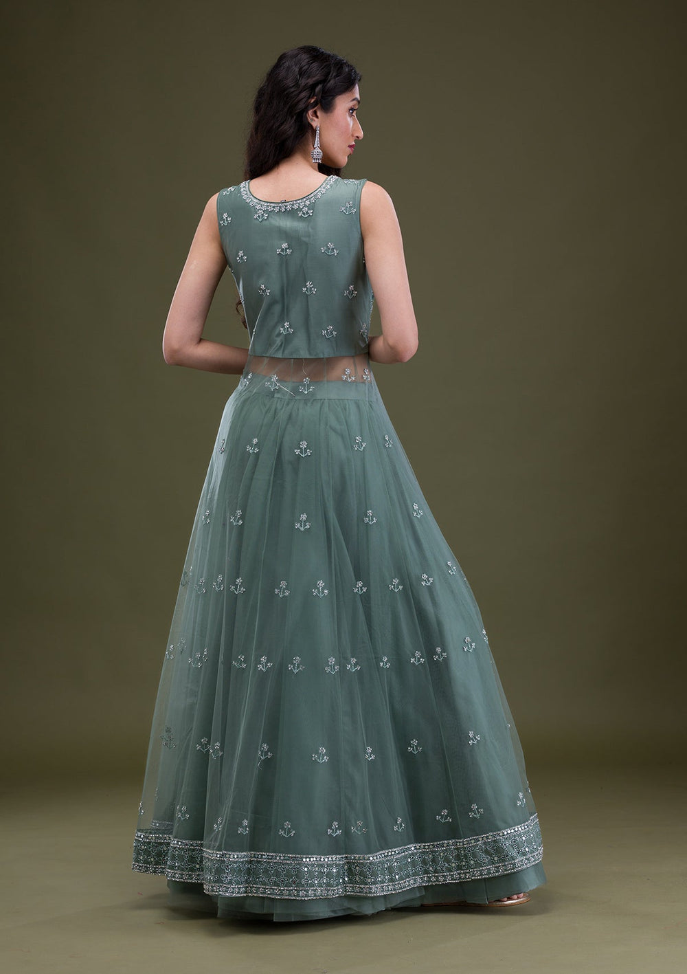 Sea Green Silver Stonework Net Readymade Salwar Suit-Koskii